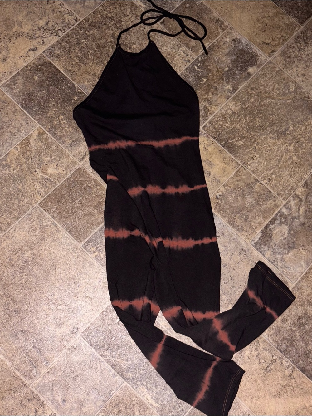 Kasey Tie Dye Halter Capri Leg Jumpsuit -  Black/Rust - Picture 2 of 9